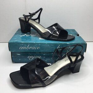 Easy Street Womens Black Patent Slingback Square Heel Shoes Sandals Size 10W